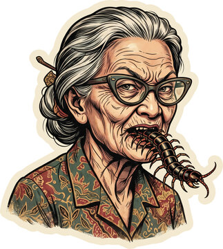 Centipede crawling from old woman mouth horror illustration