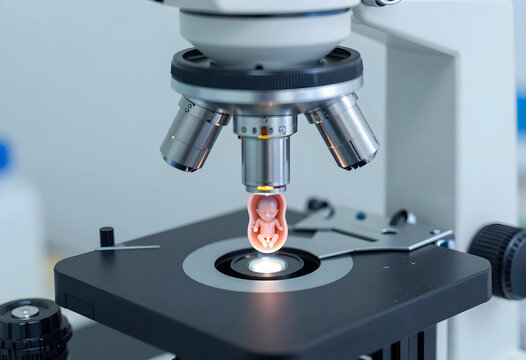 Human fetus model under a microscope medical research and reproductive health concepts in a laboratory setting, this setup concepts of early human development fertility treatments and genetic