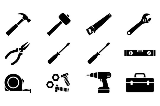 Black and white flat vector icons representing basic construction and DIY hand tools for home repair projects