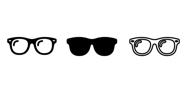 A collection of three different black and white vector icons representing stylish fashion eyeglasses and sunglasses