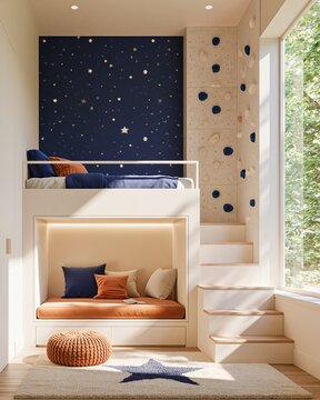 Kids loft bed with climbing wall beside cozy reading nook featuring starry wall design and large windows allowing natural light to fill the room