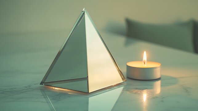 3d render of reflective mirror triangular prism stand used as a product mockup display...