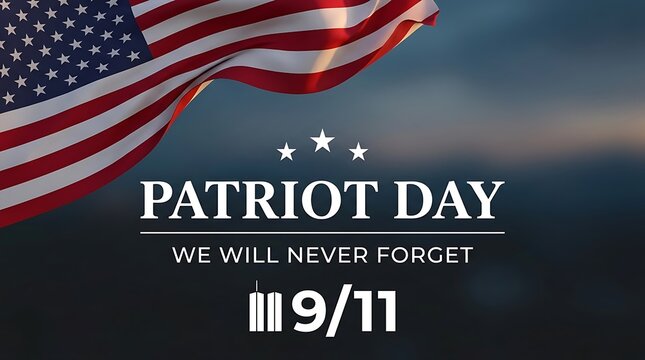 Patriot day memorial banner with american flag and text we will never forget 9 11 tribute concept.