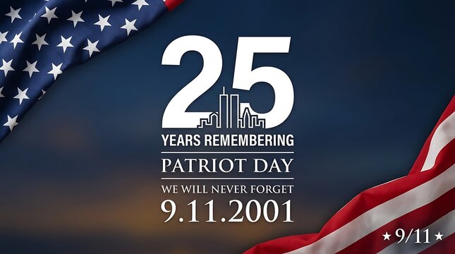 25th anniversary patriot day remembering 9 11 2001 tribute with american flag and world trade center illustration.