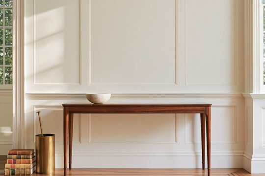 Elegant wooden console table with a round bowl on top, positioned against a light-colored wall in a well-lit interior space featuring natural light and wooden flooring