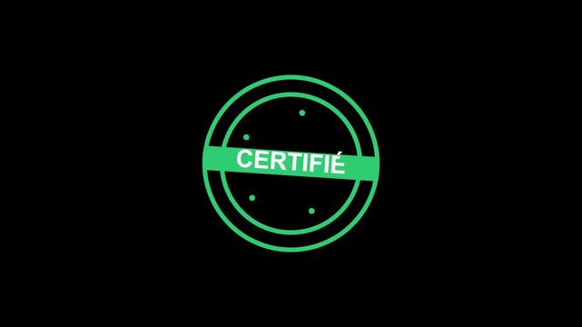 Green certified stamp icon with french text on a dark background for quality assurance and business authentication