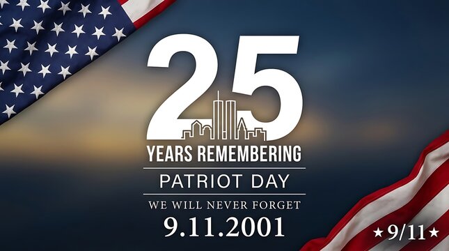 25 years remembering patriot day and 9 11 2001 with american flag and world trade center silhouette.