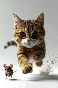 Tabby cat leaps mid-air with intense focus. Mouse scurries below, unaware of impending chase. Fur details and whiskers are crisp against white backdrop. Dust kicks up as cat's paws strike the surface