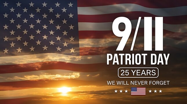 9 11 patriot day remembrance with american flag and we will never forget text honoring 25 years.