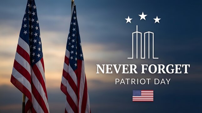 Patriot day remembrance graphic with two american flags against dramatic sky and text never forget and 9/11 towers.