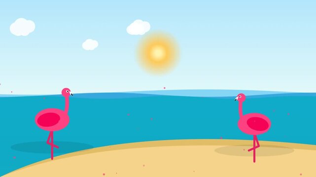 Two pink flamingos standing on a sandy beach by the tropical ocean under a bright yellow sun in a clear blue sky