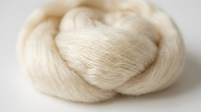 Soft off white raw organic wool fiber bundle resting on a clean studio surface showing delicate textures and light shadows