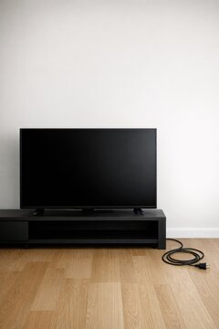 A flat-screen TV sits atop a wooden floor, perfect for living room or bedroom setup