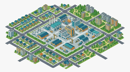 Fototapeta premium Industrial and Residential Area Aerial Isometric with Colorful Buildings Factories and Vehicles