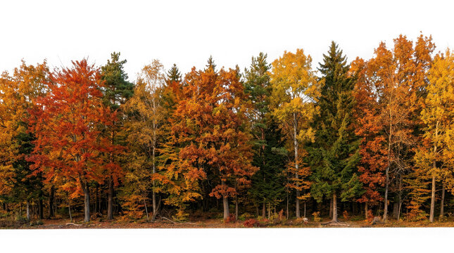 Autumn forest with colorful trees in fall season isolated on transparent background
