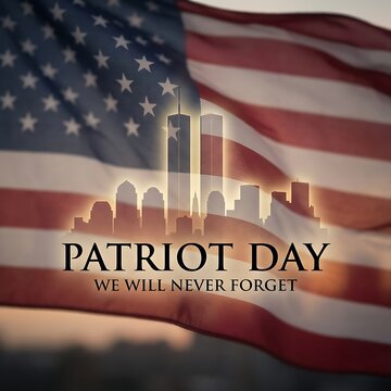 Patriot day with american flag and twin towers memorial remembrance of 9/11 attacks in new york city skyline silhouette for national tragedy event.