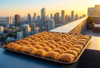 Fototapeta premium Tray of golden baklava pastries on a rooftop with a city skyline at sunset, traditional middle eastern dessert