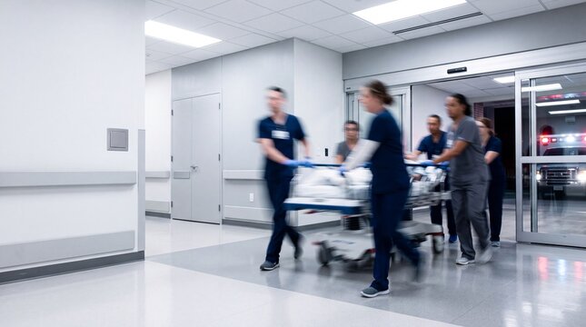 Emergency Medical Team Rushing Patient on Stretcher into Hospital