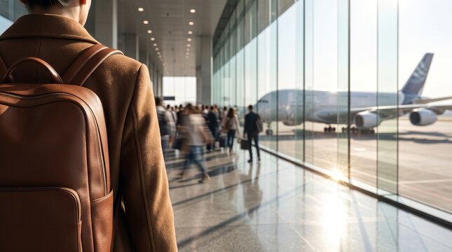 Traveler with Backpack in Airport Terminal Looking at Airplane