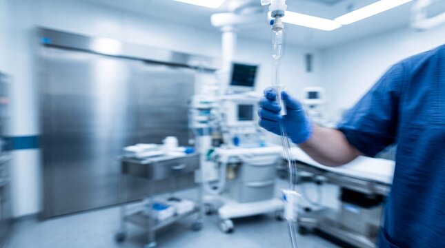 Doctor Adjusting IV Drip in Hospital Operating Room