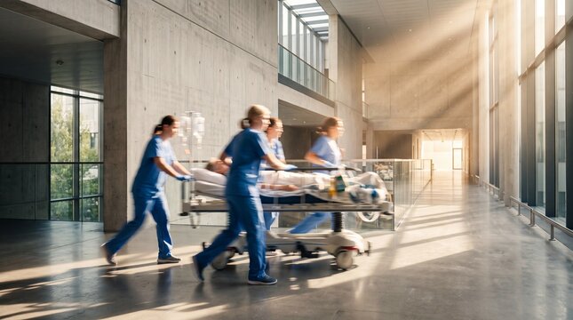 Medical Team Rushing Patient on Stretcher in Hospital Corridor