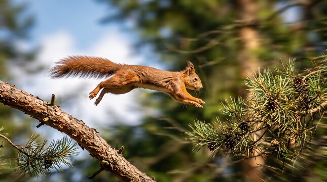 Red Squirrel Jumping Mid-Air Between Pine Tree Branches