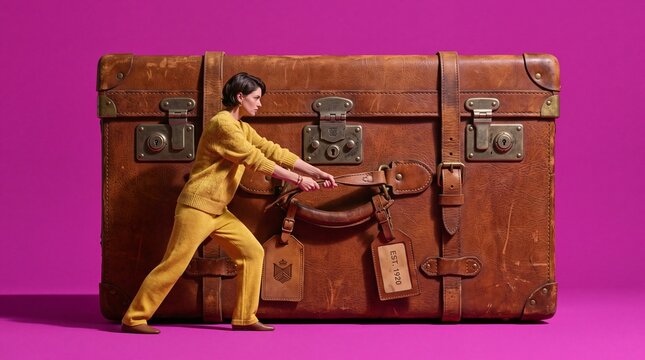 Woman Pulling Giant Vintage Suitcase on Pink Background
