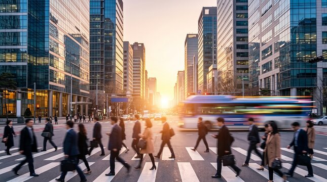 Business Commuters Crossing Street in Financial District at Sunrise