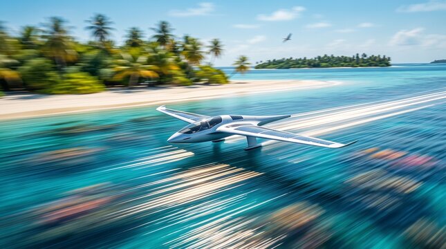 Futuristic Solar Powered Seaplane Flying Over Tropical Island Water
