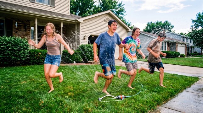Happy Teenagers Running Through Lawn Sprinkler in Summer
