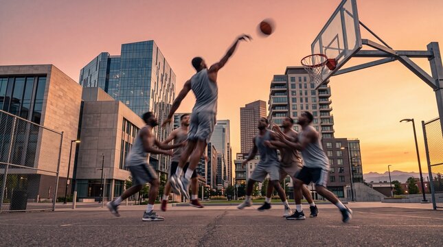 Men Playing Basketball on Urban Outdoor Court at Sunset