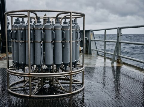 CTD rosette recovered on deck with bottles dripping