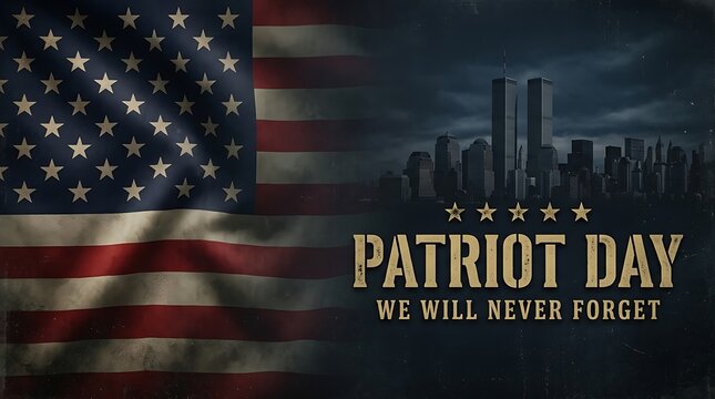 us flag waving with city skyline and twin towers in background text patriot day we will never forget solemn remembrance of 9 11 tragedy and heroic sacrifice.