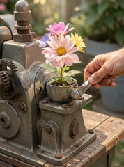 Fototapeta premium A person uses a machine to create a flower pot, a creative DIY project