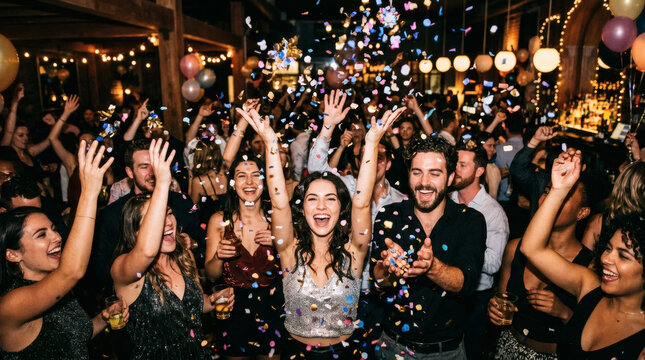 A diverse group of smiling people joyfully celebrates a festive event, throwing confetti and raising their hands in the air with excitement and happiness.