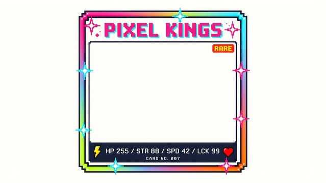 Vibrant retro pixel art trading card template featuring glowing rainbow borders, sparkly stars, empty white center frame, and RPG stats for digital gaming.