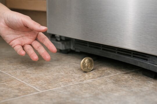 A person bends down to grab a coin that has fallen to the ground