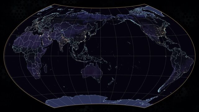 Wagner world map projection. Earth at night with glowing city lights and illuminated country borders. Amber graticule lines, animated dark hexagonal background. Rotating physical map. Seamless loop.