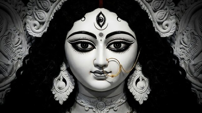 Black and white portrait of goddess durga showing intricate face details