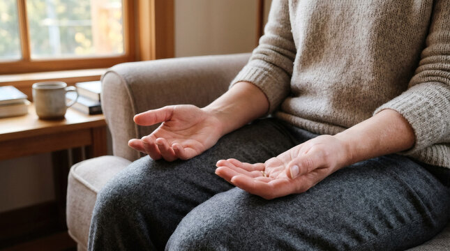 A person sits with legs crossed on a comfortable sofa, hands open with palms facing up in a meditative pose, exuding a sense of peace and inner calm.