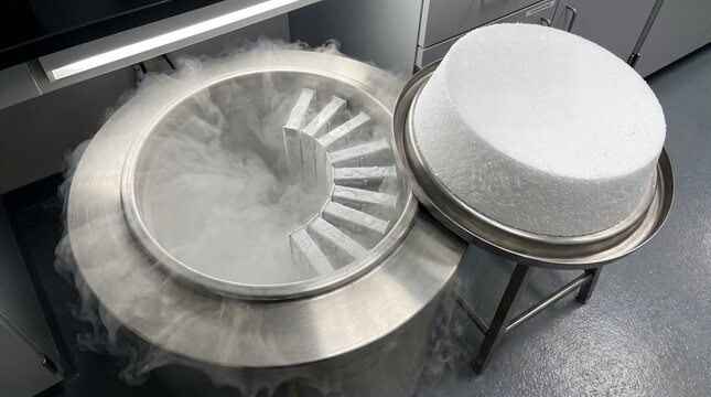 Liquid nitrogen dewar open with thick vapor pouring from a cryogenic storage tank containing sample boxes