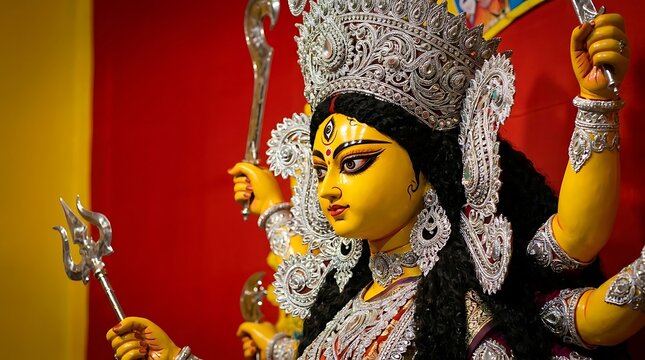 Hindu goddess maa durga idol with weapons for durga puja celebration, hinduism