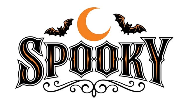 Vintage halloween design featuring the word spooky with crescent moon and silhouetted bats on a white background