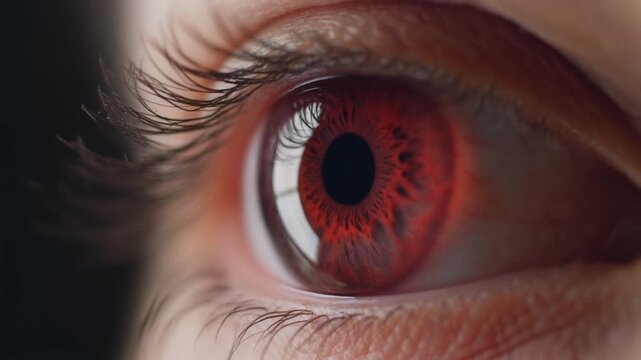 Extreme macro footage of a single beautiful healthy human eye with a rare natural deep ruby red iris
