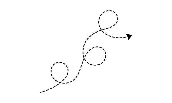 Black dashed line arrow with multiple upward and downward loops indicating a winding path or complex trajectory on a clean white background.