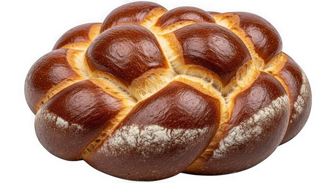 Fresh round braided challah bread loaf with seeds isolated on transparent background