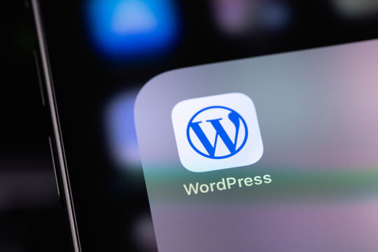WordPress mobile logo icon app on a screen smartphone iPhone. WordPress - open source site content management system. Batumi, Georgia - June 16, 2026