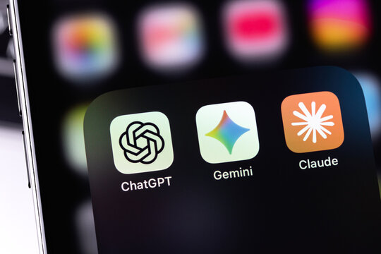 ChatGPT, Gemini, Claude mobile icons app on a screen smartphone iPhone. Leading AI-powered chatbots. Batumi, Georgia - June 16, 2026
