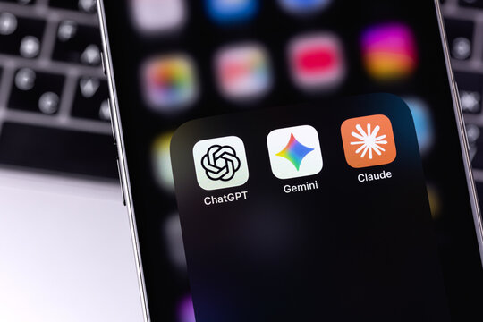 Claude, ChatGPT, Gemini mobile icons app on a screen smartphone iPhone. Leading AI-powered chatbots. Batumi, Georgia - June 16, 2026