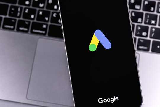 Google Ads logo mobile app on a screen smartphone iPhone closeup. Ads or AdWords is a service of contextual, basically, search advertising from Google. Batumi, Georgia - June 16, 2026